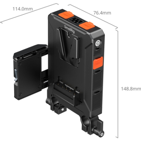 SmallRig 5881 - inteligentny adapter zasilania z płytką montażową do akumulatorów V-Mount (wersja z mocowaniem na 2x pręt 15mm) - wymiary